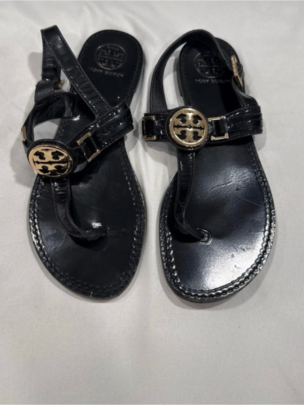 Tory Burch Black Patent Leather Logo Thong Sandals with Gold Medallions